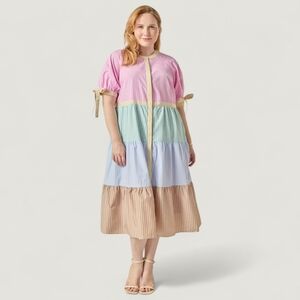 ANTHRO x ENGLISH FACTORY Tiered Shirt Dress Pockets Short Sleeve Lined 18 20 2X